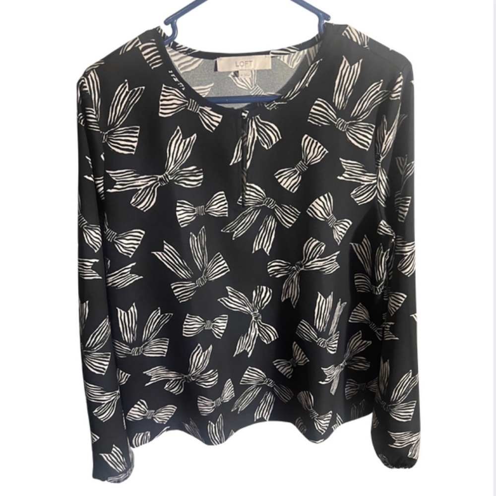 LOFT Black Bow-Print Long Sleeve Blouse